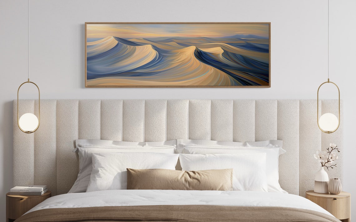 Abstract Desert Sand Dunes Sunset Waves Golden Blue Panoramic Print - Image 4