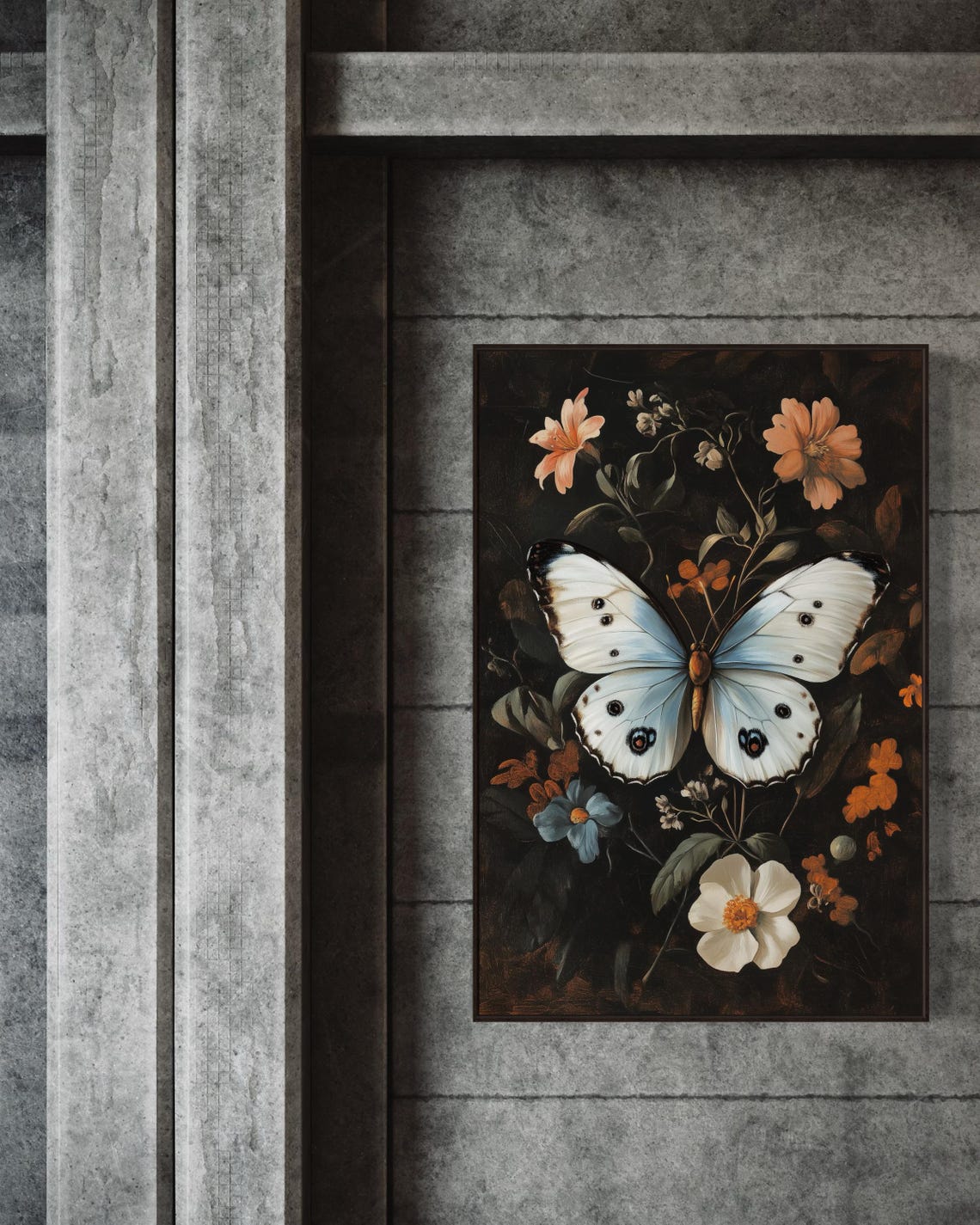 Victorian Butterfly White Wildflowers Moody Dark Botanical Poster - Image 2