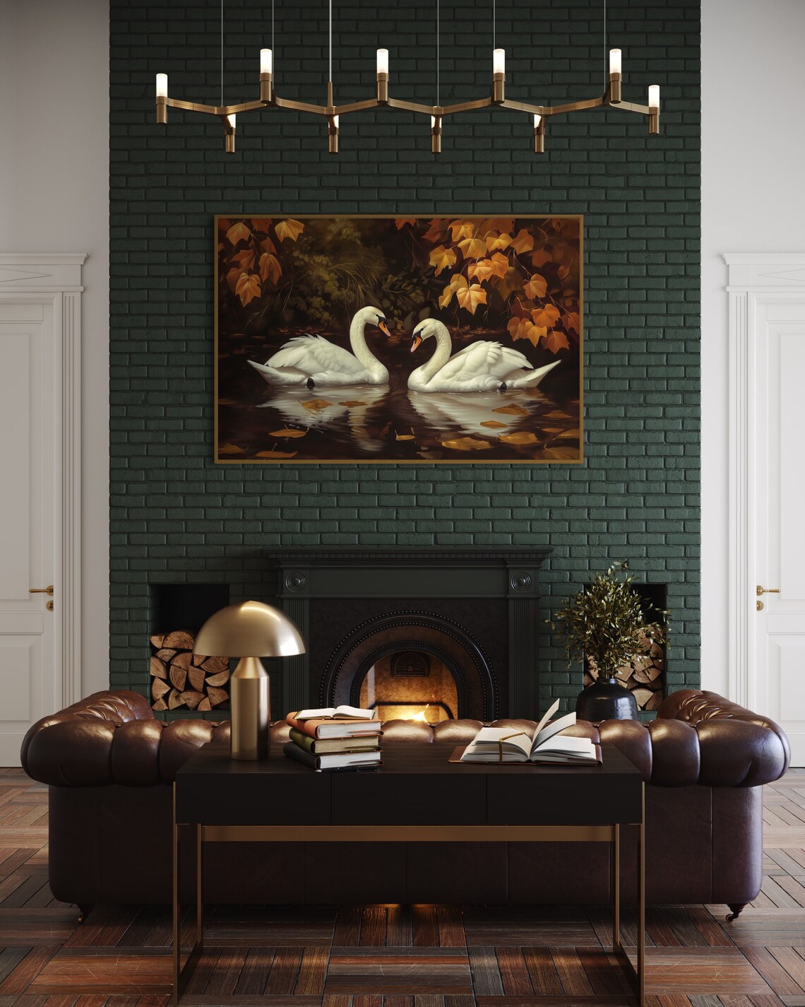 Romantic Swan Painting Print, Lake Maple Leaf Decor - Image 3