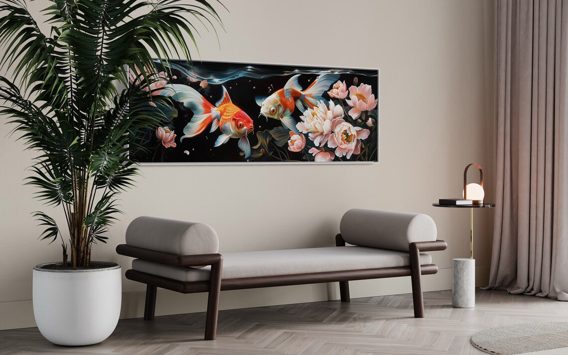 Colorful Koi Fish And Peonies Collage Panoramic Underwater Print Vibrant Fish Artwork On Black Background Narrow Wall Art - Image 5