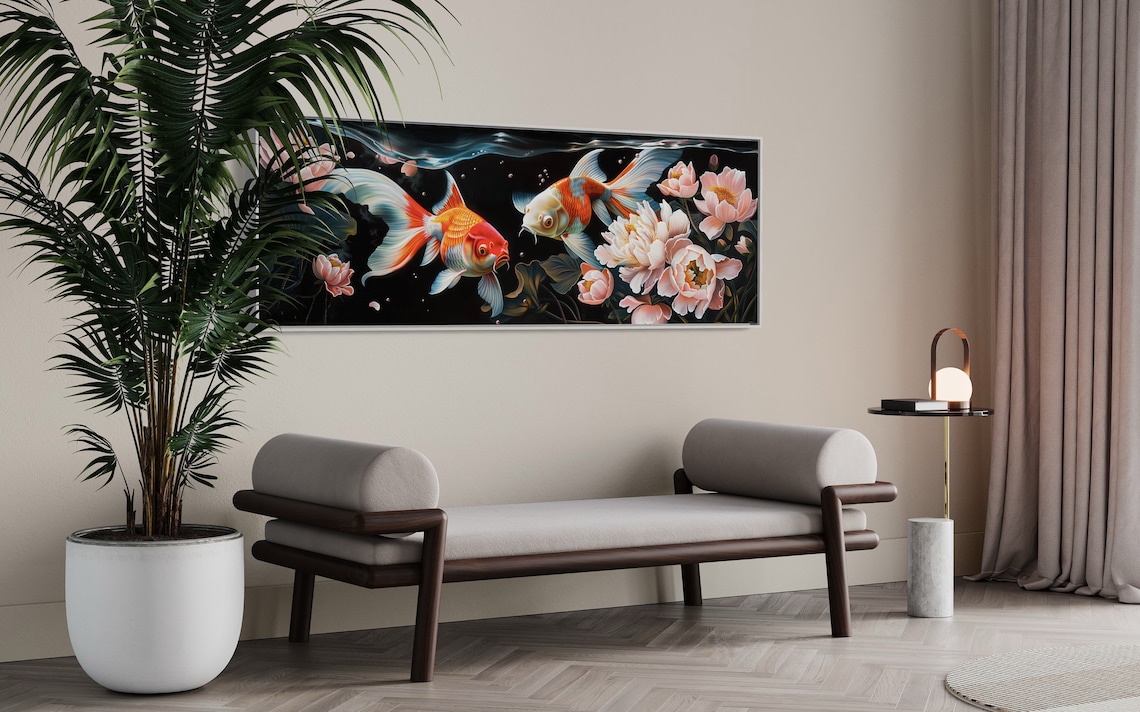 Colorful Koi Fish And Peonies Panoramic Underwater Art Poster - Image 5