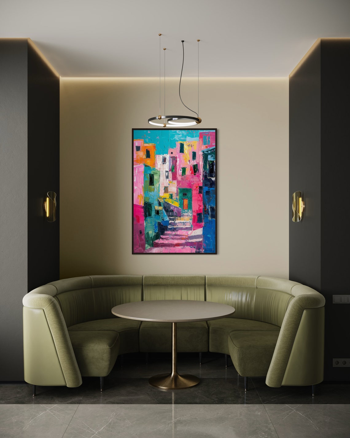 Colorful Abstract City Street Pink Teal Buildings Modern Urban Poster - Image 2