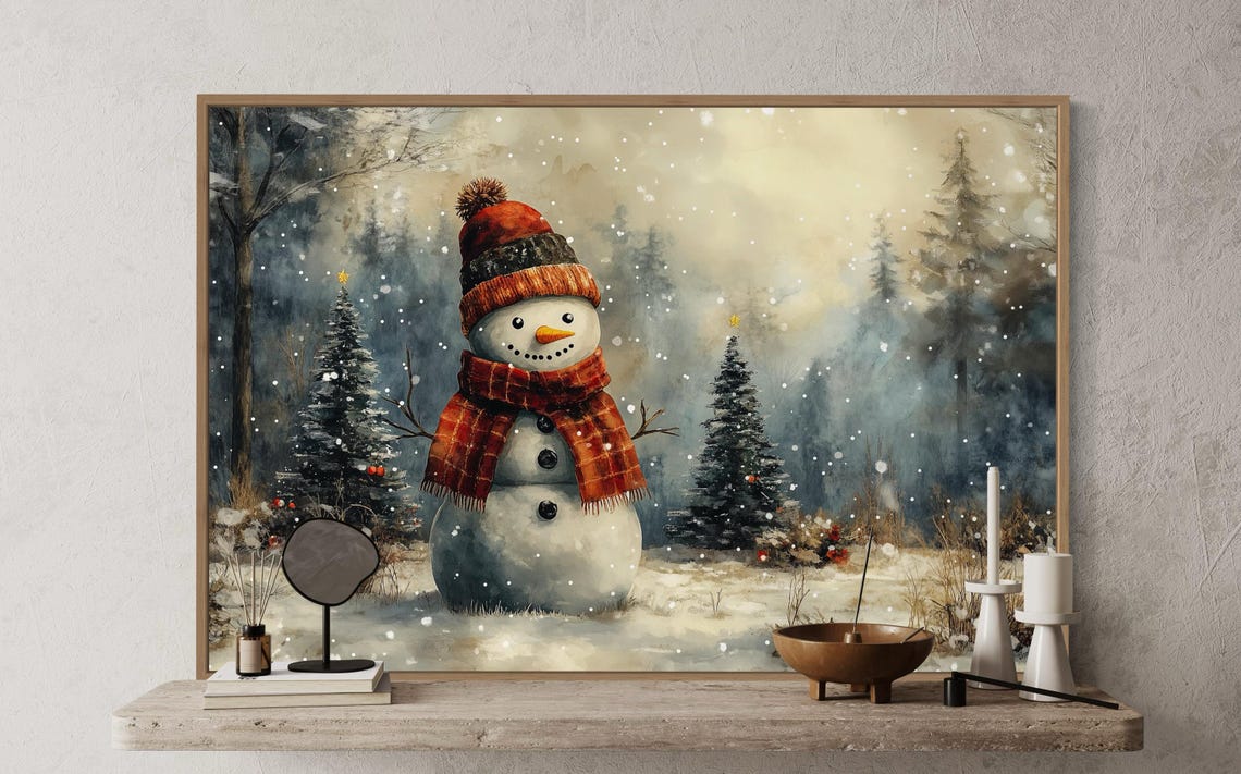 Cozy Snowman Red Hat Scarf Snowy Forest Falling Snow Christmas Poster