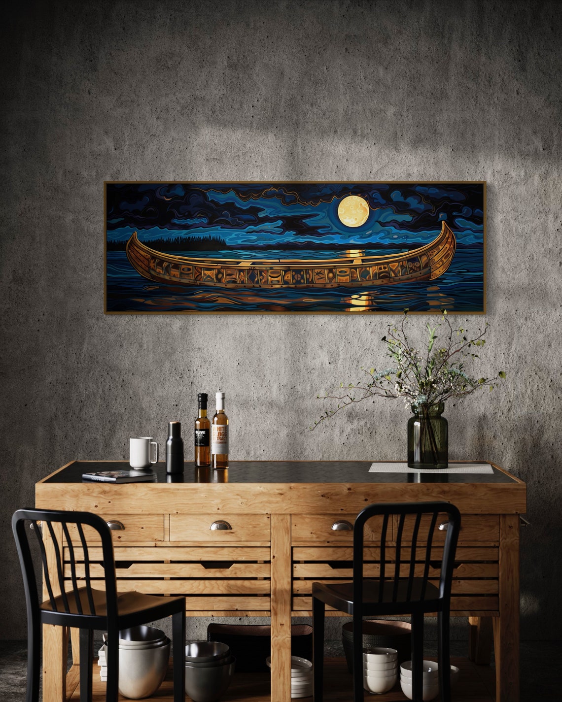 Moonlit Canoe Golden Moon Night Lake Rustic Panoramic Poster - Image 4