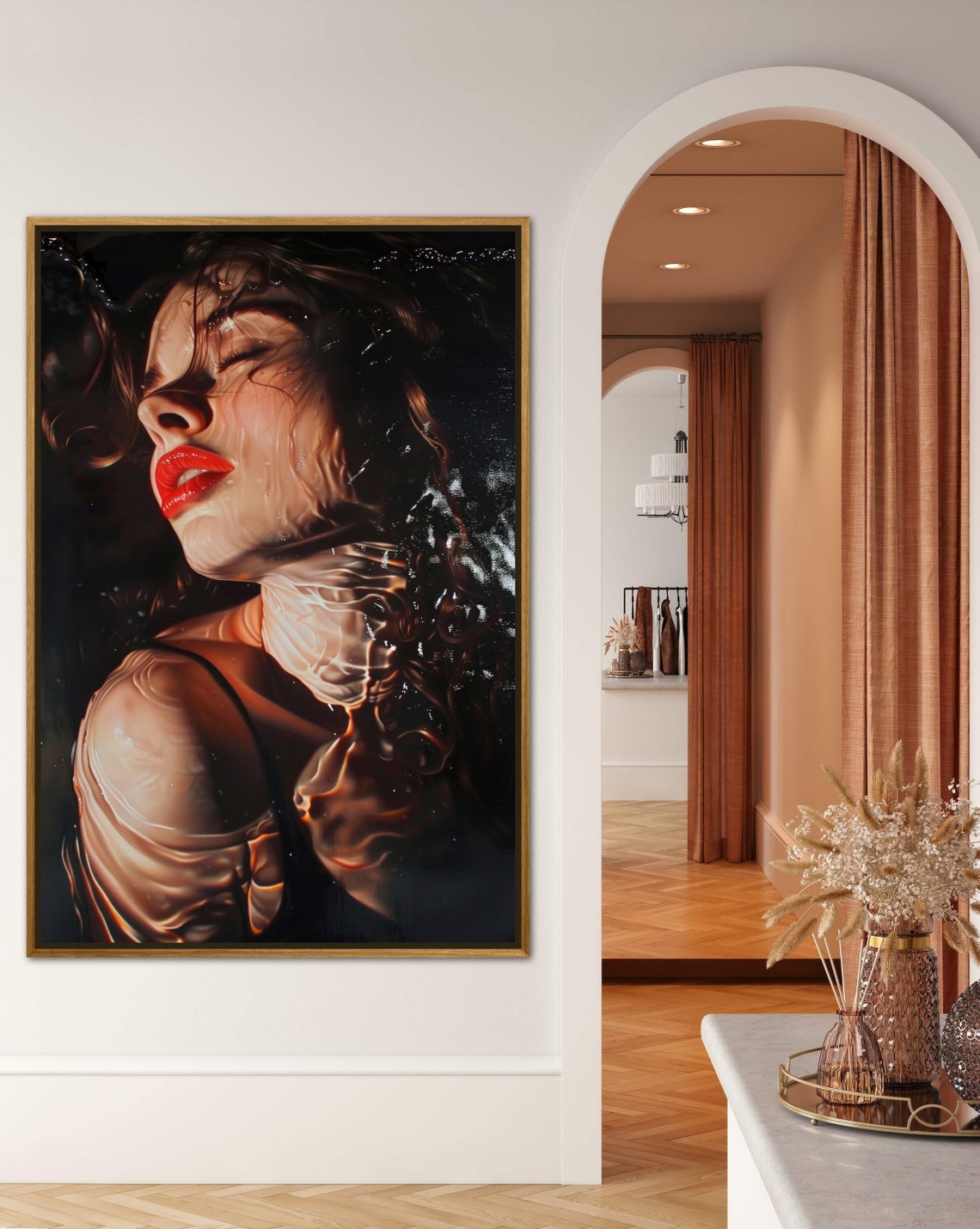 Sensual Female Portrait Water Effect Red Lips Hyperreal Art Poster - Image 4