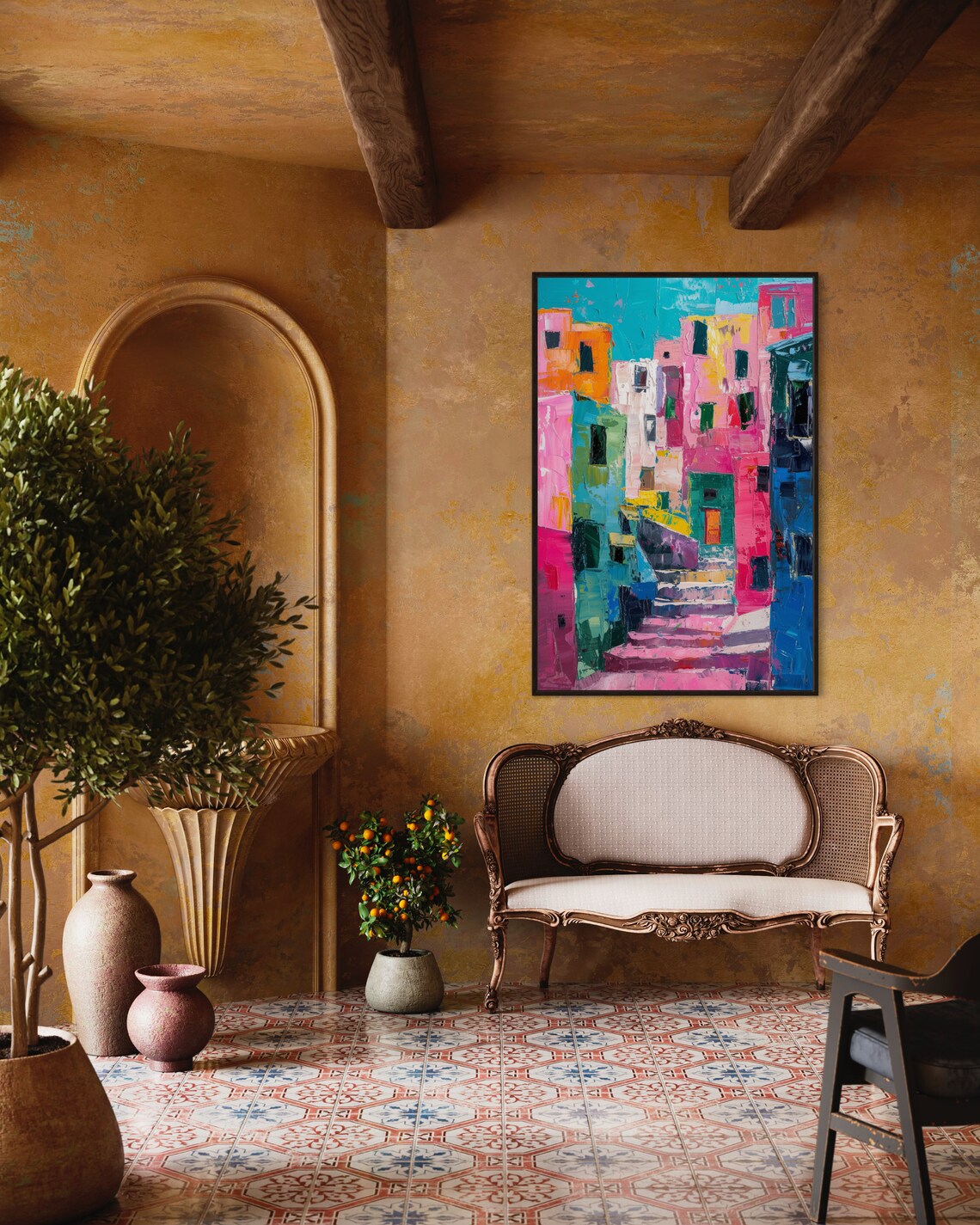 Colorful Abstract City Street Pink Teal Buildings Modern Urban Poster - Image 4
