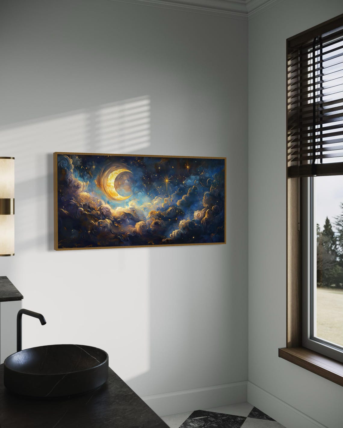 Dreamy Celestial Crescent Moon Wall Art Panoramic Starry Night With Golden Stars Mystical Clouds And Cosmic Inspired Art - Image 4