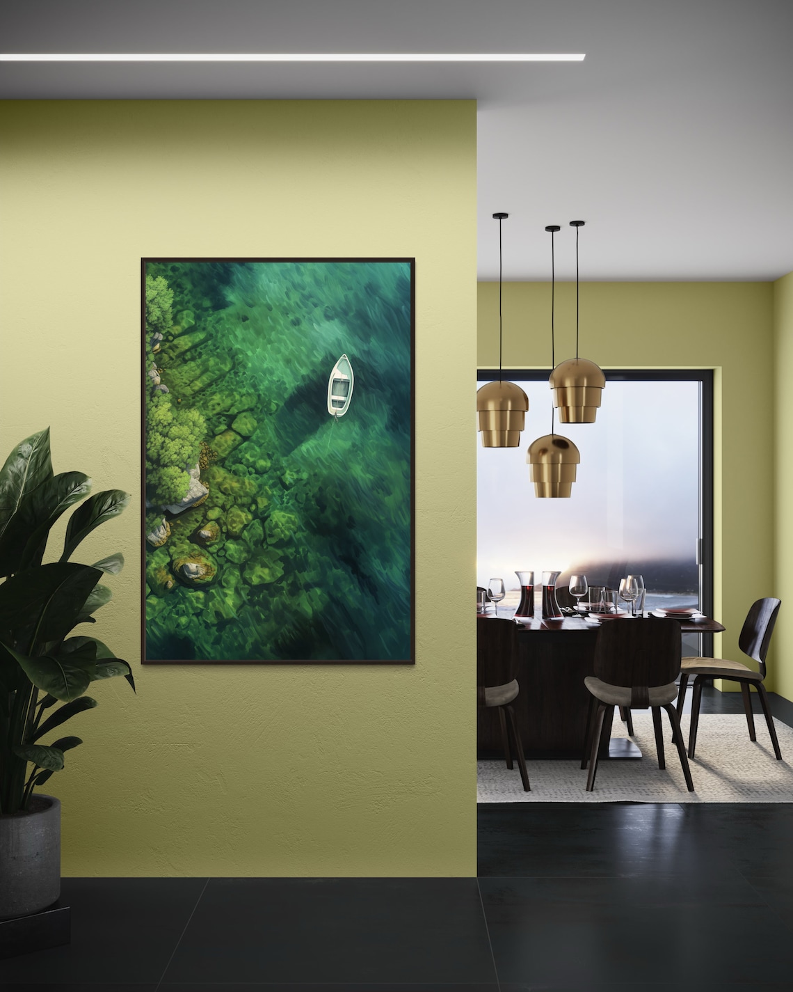Emerald Escape Boat Art Print, Modern Lake House Decor - Image 2