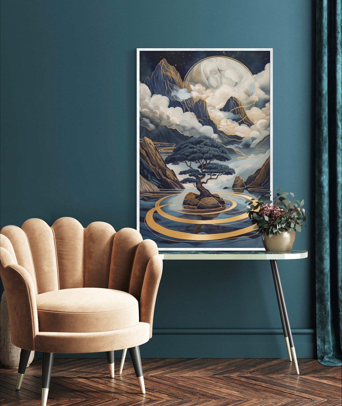 Zen Bonsai Tree Golden Moon Night Mountain Lake Meditation Poster - Image 3