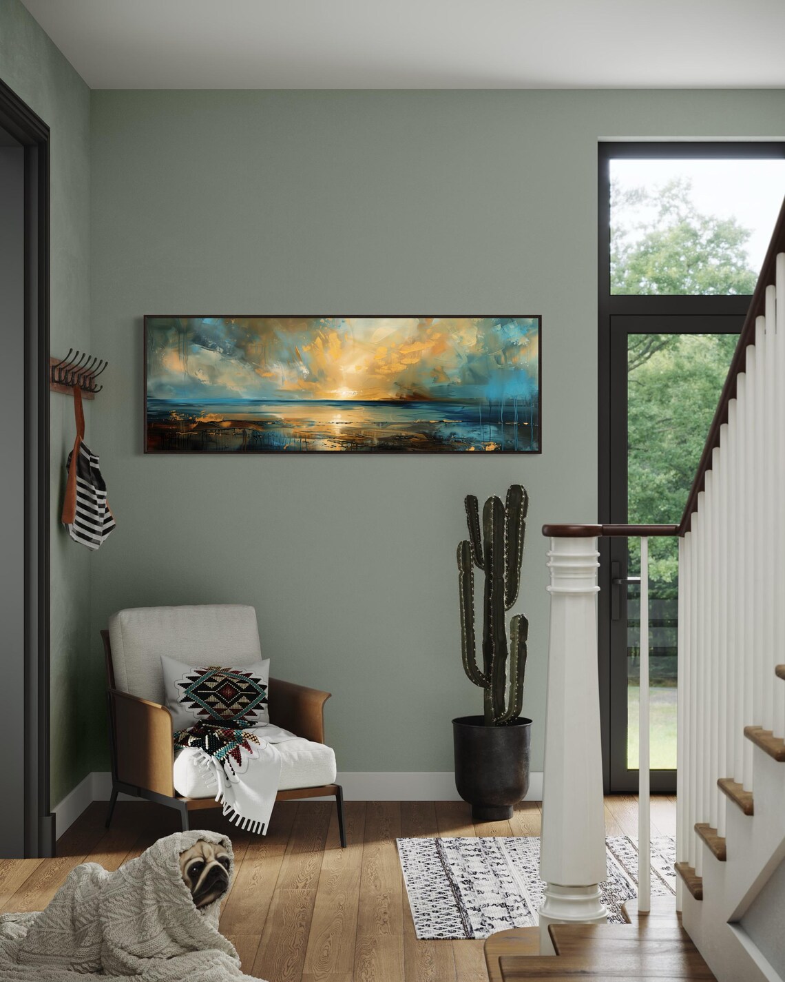 Golden Abstract Coastal Sunset Seascape Teal Gold Painting Print - Image 2