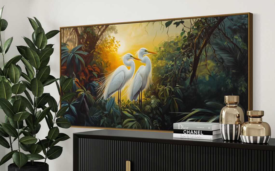 Tropical Egret Art Print, Jungle Wildlife Sunset - Image 4
