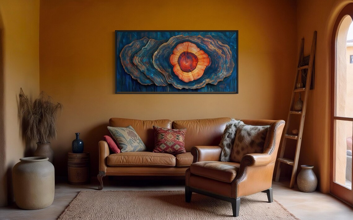 Old Tree Trunk Vibrant Wood Slice With Blue Orange Tones Abstract Nature Print For Rustic Modern Decor Perfect Above Bed - Image 2