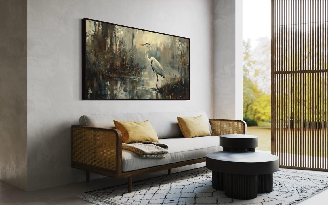 Blue Heron Moody Marshland Muted Tones Elegant Bird Wall Art Print - Image 2