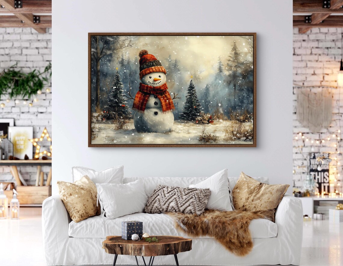 Cozy Snowman Red Hat Scarf Snowy Forest Falling Snow Christmas Poster - Image 2