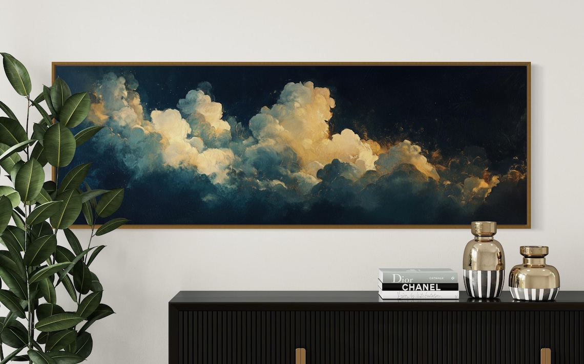 Abstract Clouds, White And Gold Night Sky Art Print - Image 4