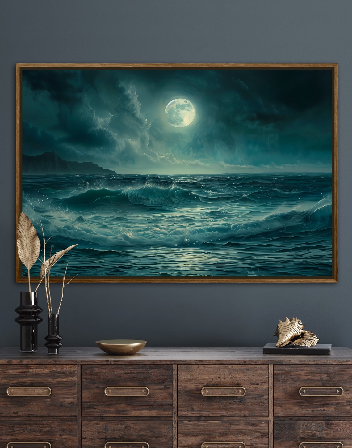 Emerald Moonlit Ocean Night Waves Full Moon Deep Teal Sea Poster - Image 2