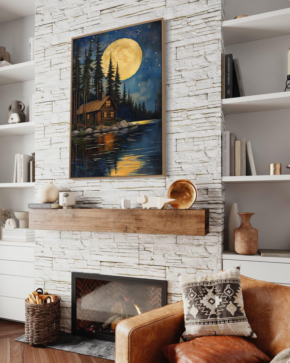 Log Cabin Moonlit Lake Full Moon Starry Night Rustic Cottage Poster - Image 4