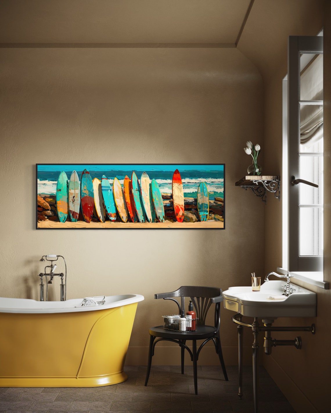 Panoramic Surfboard Wall Art Coastal Beach House Decor Narrow Seascape Painting Print Rustic Above Bed Decor Horizontal Surfboard Decor - Image 2
