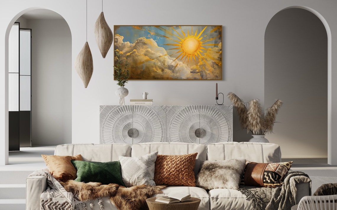 Golden Sun With Radiant Rays Over Painterly Clouds Sky Wall Art - Image 4
