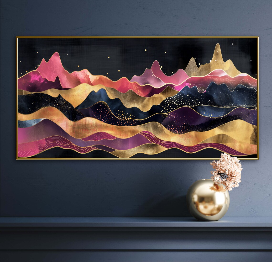 Midnight Summit Starry Night Sky, Abstract Mountain Art