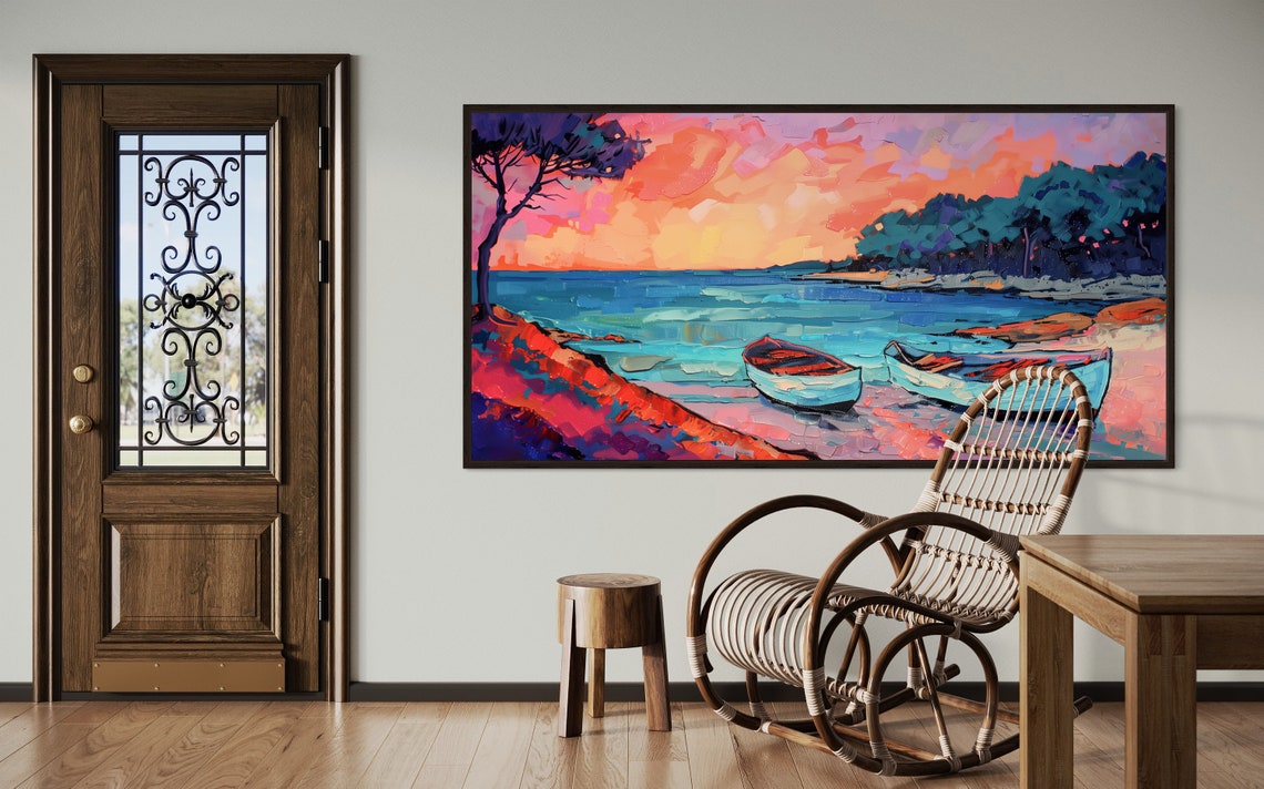 Sunset Boats Colorful Shore Fauvist Pink Sky Vibrant Coastal Poster - Image 2