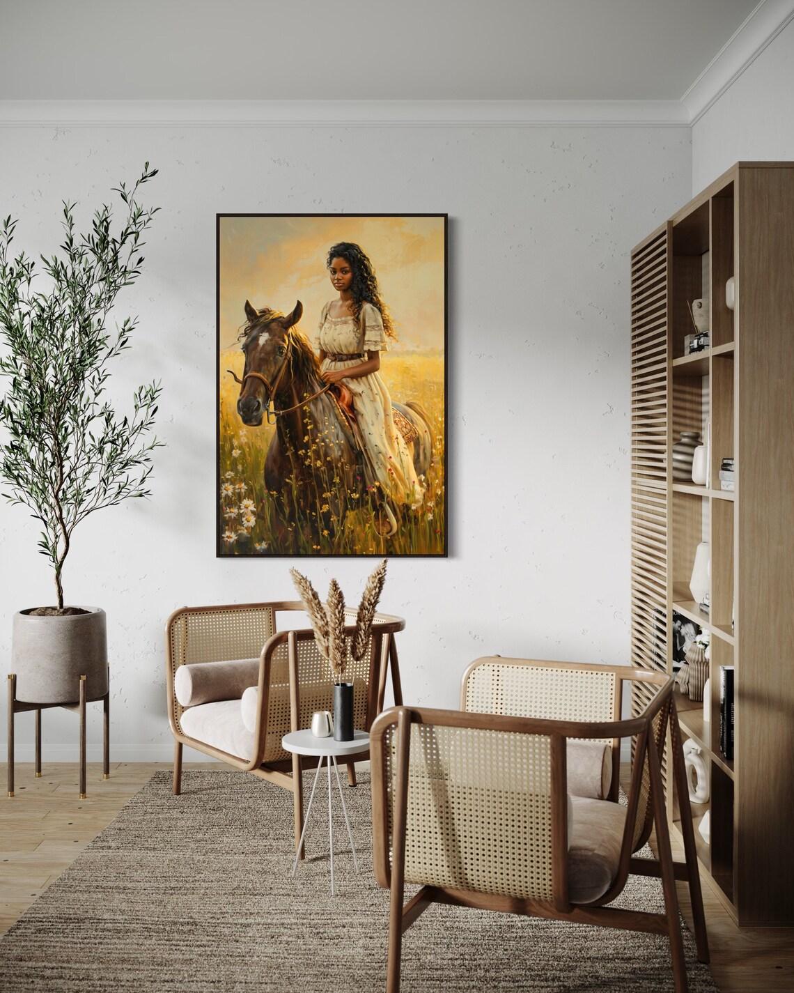 Black Woman Riding Horse in Golden Wildflower Meadow Vintage Poster - Image 3