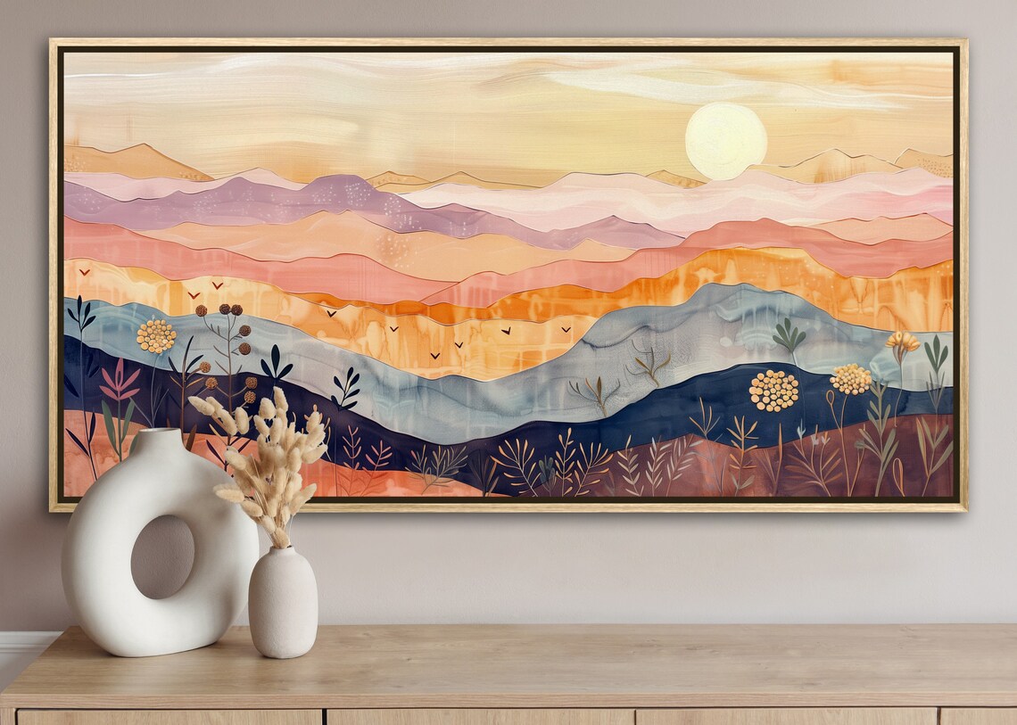 Boho Sunrise Mountain Art Print, Minimalist Hills