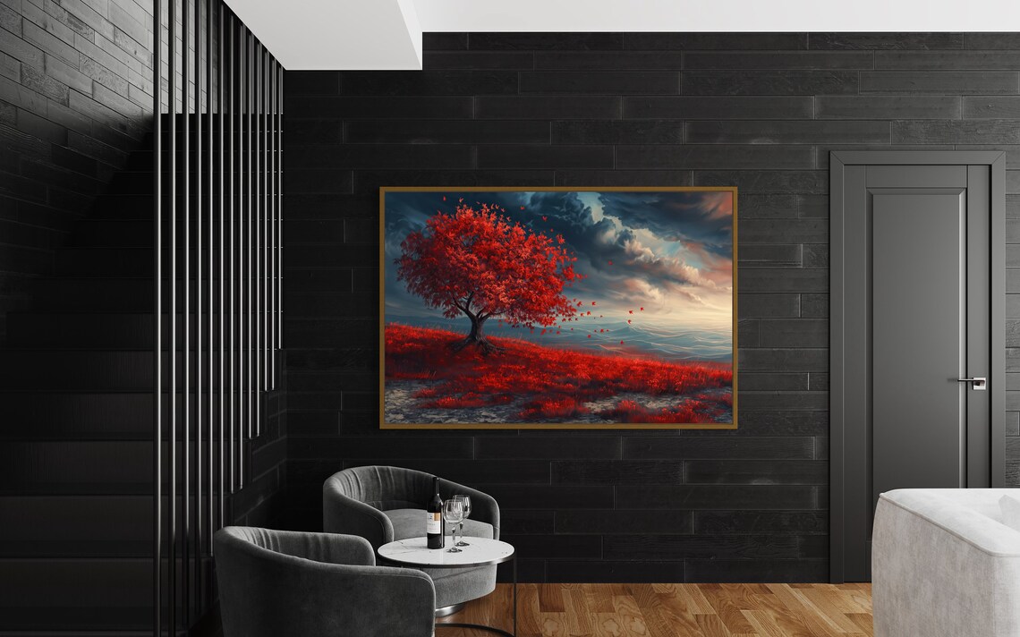 Dramatic Red Tree Dramatic Sky And Surreal Panoramic Landscape Print Beautiful Wall Art For Accent And Coquette Room Decor - Image 5