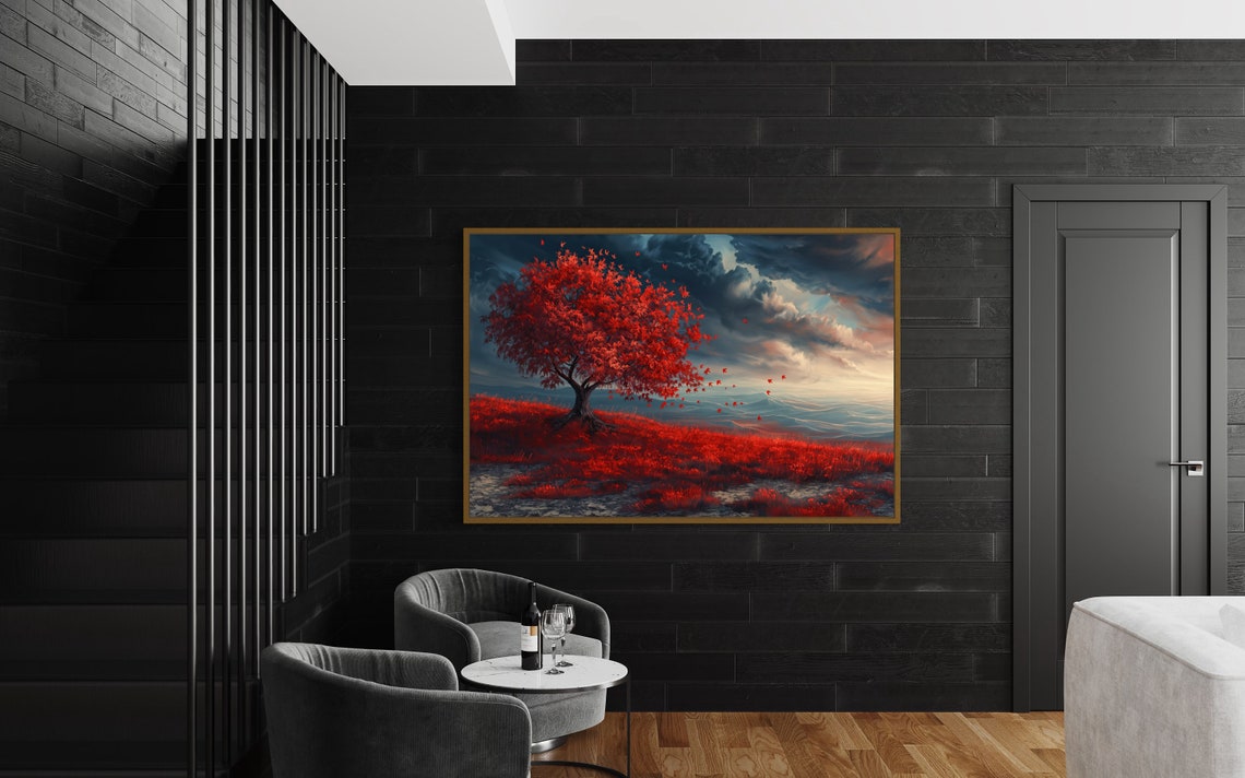 Dramatic Red Tree Stormy Dark Sky Falling Leaves Panoramic Print - Image 5