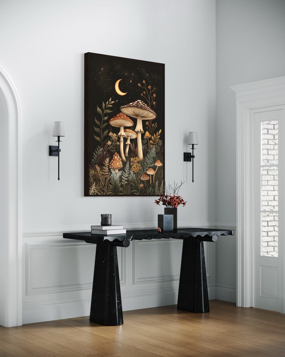 Mystical Mushroom Crescent Moon Starry Night Enchanting Poster - Image 2