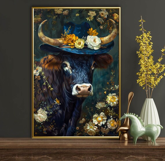 Victorian Longhorn Bull Blue Hat Dark Floral Animal Art Poster
