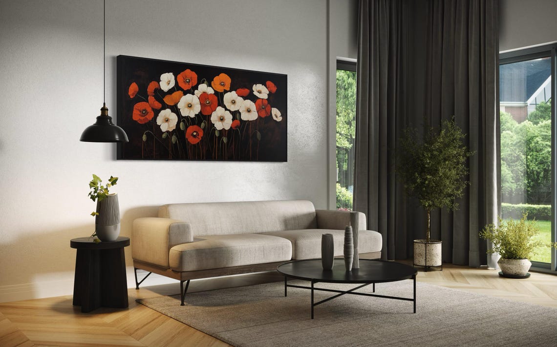 Red White Poppy Flowers Dark Background Panoramic Rustic Poster - Image 4