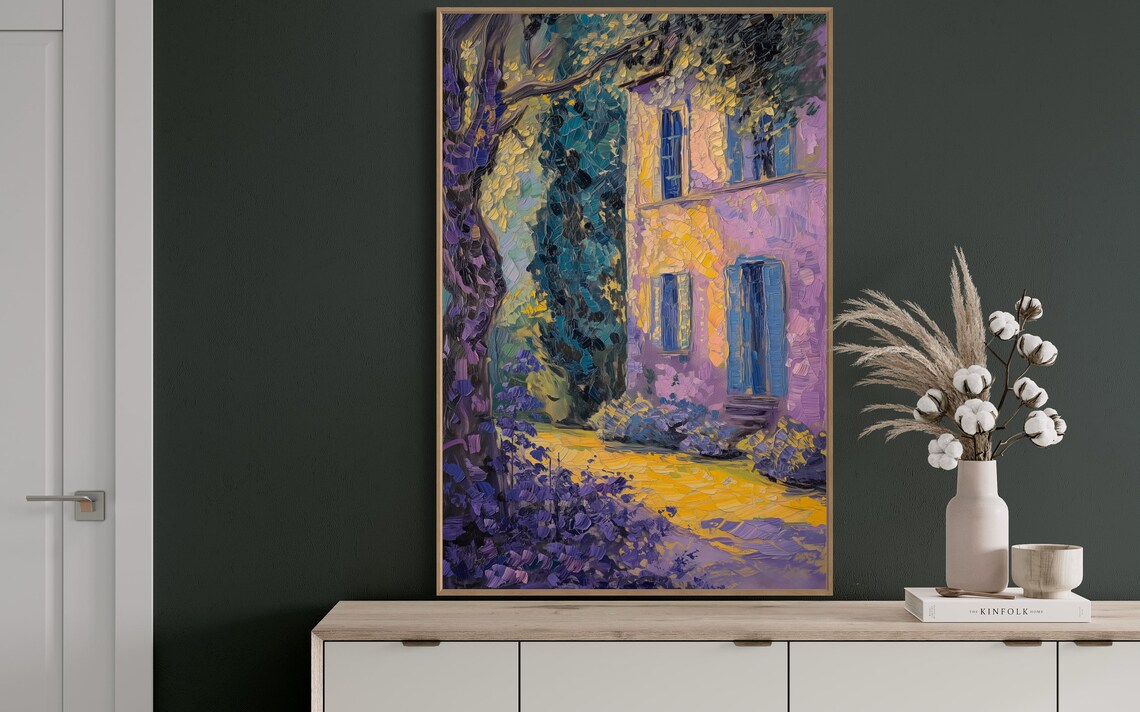 Purple Violet Country House Blue Shutters Impasto Village Art Poster - Image 4
