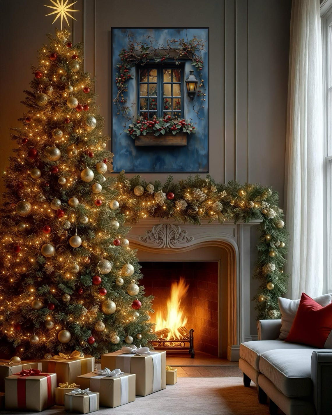 Christmas Window Holly Berries Festive Glow Rustic Holiday Poster - Image 2