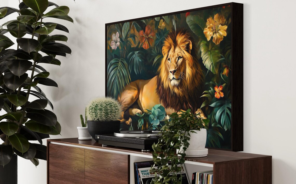 Majestic Lion Resting Tropical Jungle Foliage Hibiscus Flower Art Print - Image 2