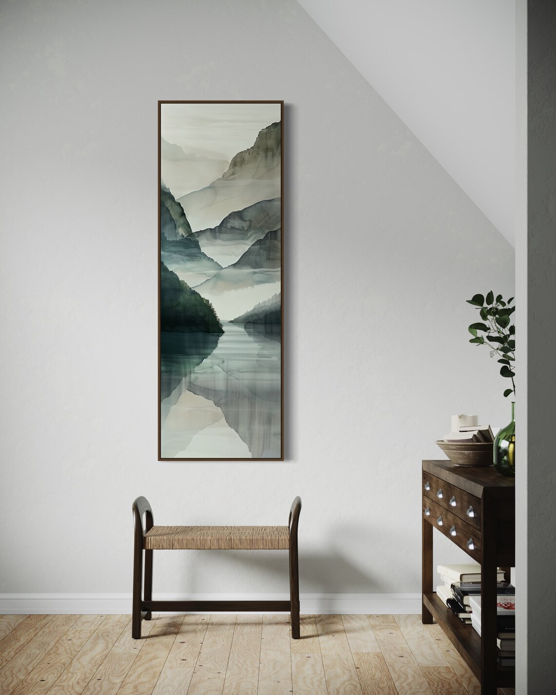 Misty Mountains and Water Reflection Minimalist Art Print - Image 3