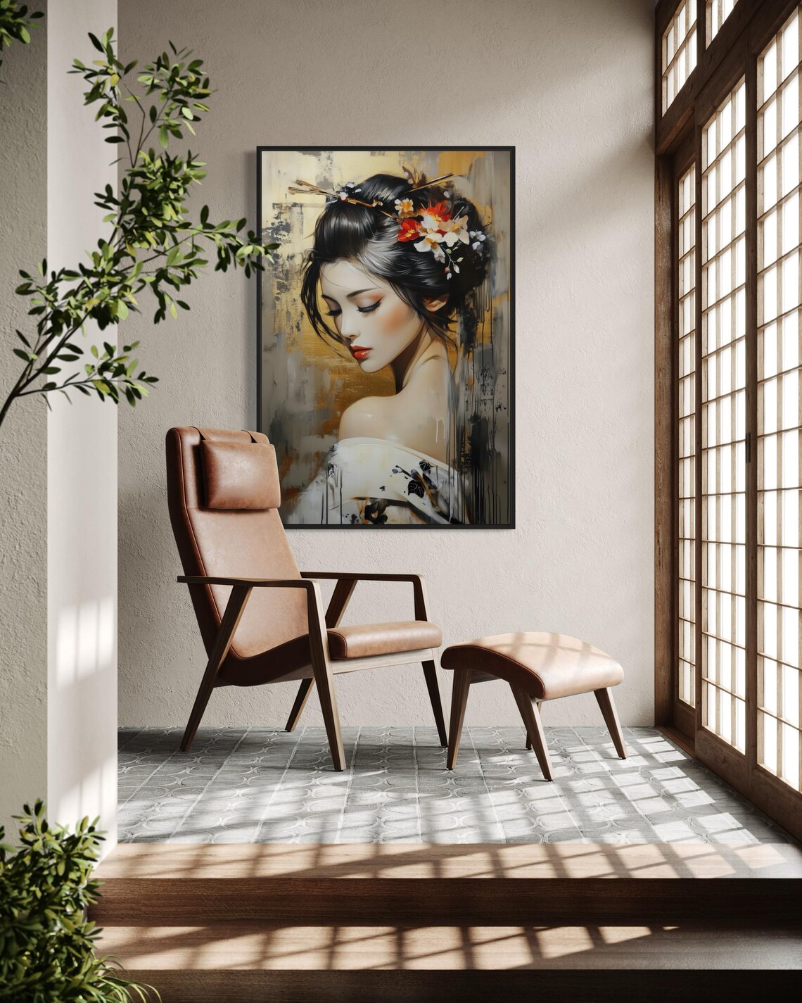 Elegant Geisha Portrait Gold Background Japanese Floral Beauty Poster - Image 3