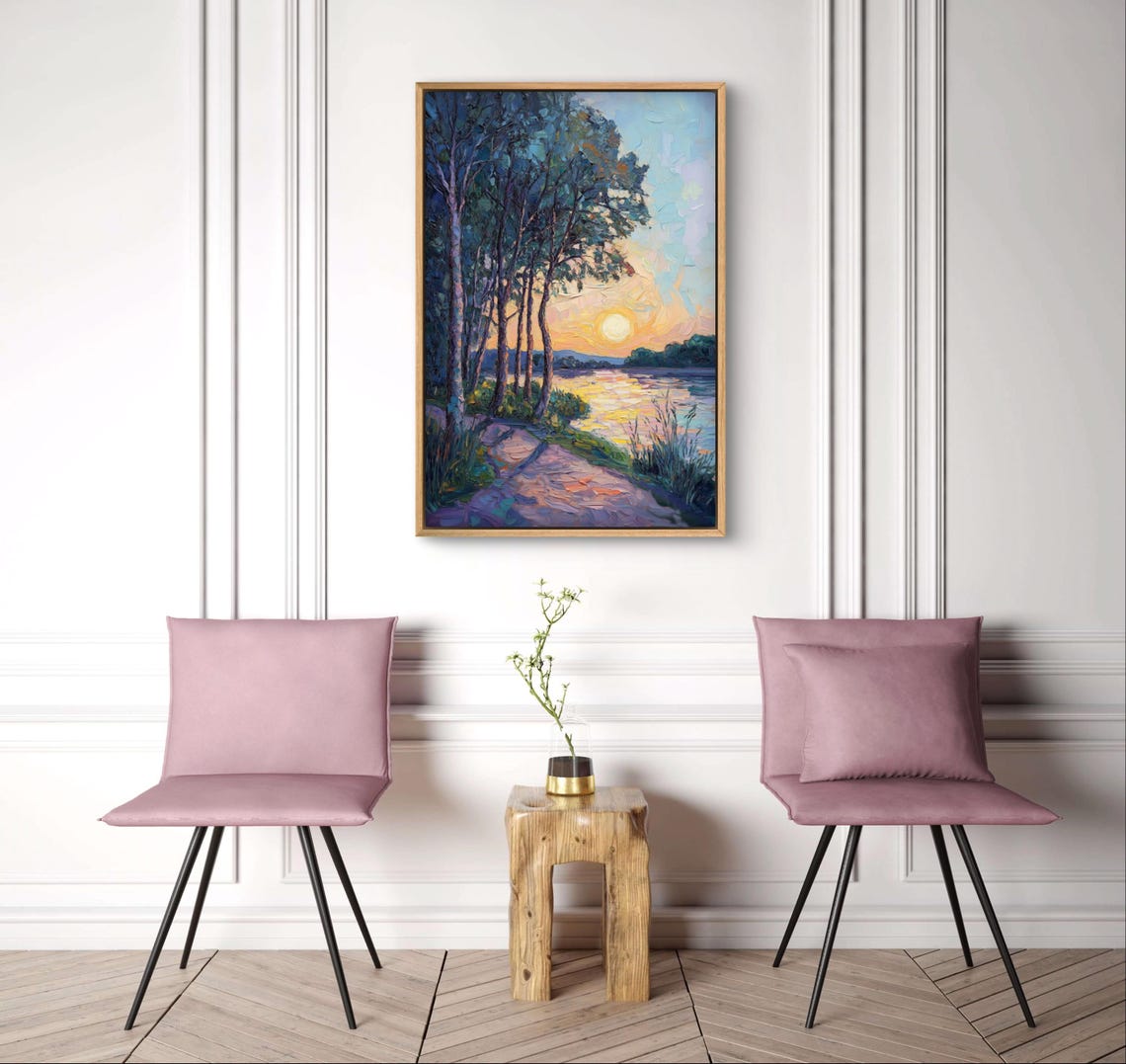 Lakeside Sunset Impressionist Golden Water Birch Trees Path Art Poster - Image 3