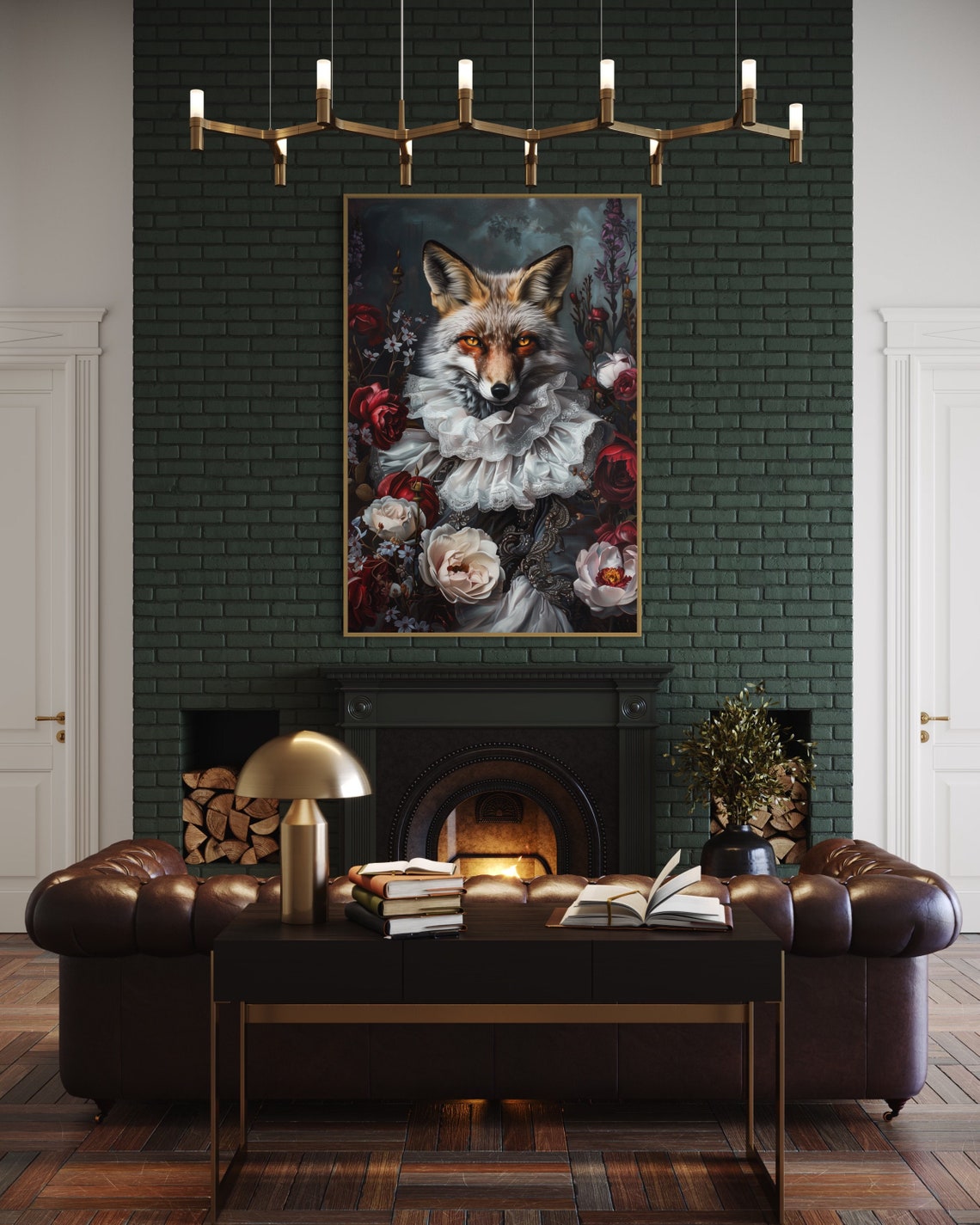 Regal Fox Ruffled Collar Dark Florals Baroque Style Portrait Wall Art - Image 5