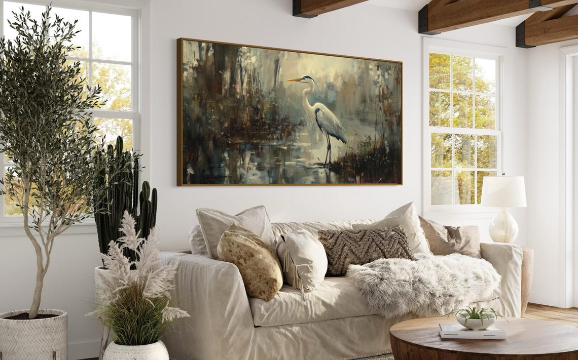 Blue Heron Moody Marshland Muted Tones Elegant Bird Wall Art Print - Image 5