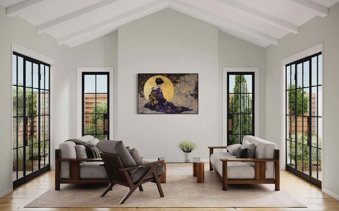 Elegant Geisha Purple Kimono Gold Moon Japanese Asian Art Wall Print - Image 4
