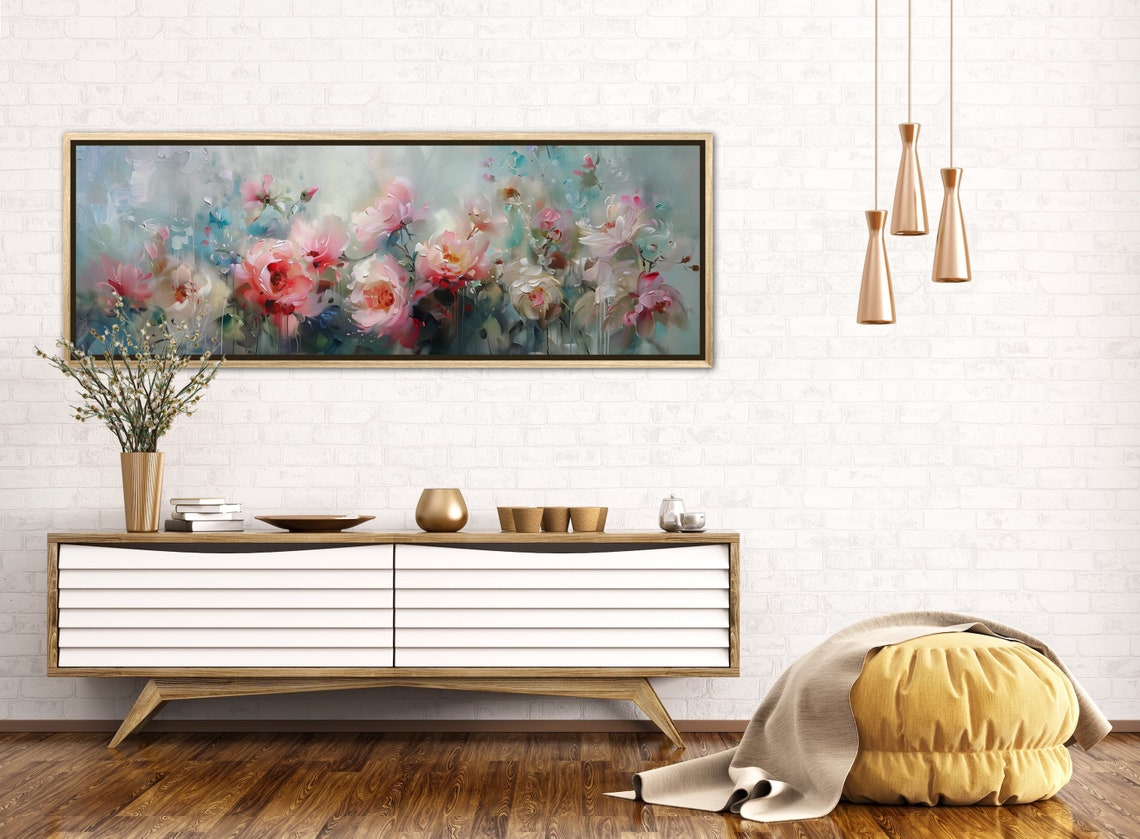 Soft Pink Peony Garden Bloom Panoramic Floral Impressionist Wall Art - Image 5
