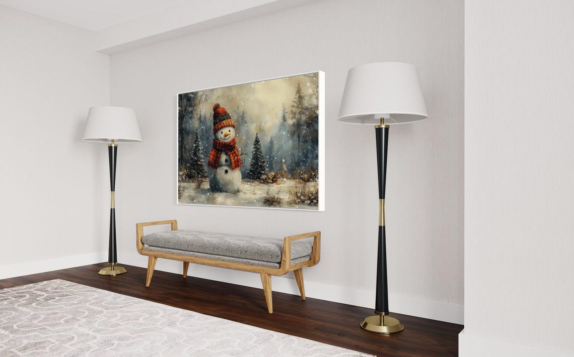 Cozy Snowman Red Hat Scarf Snowy Forest Falling Snow Christmas Poster - Image 4