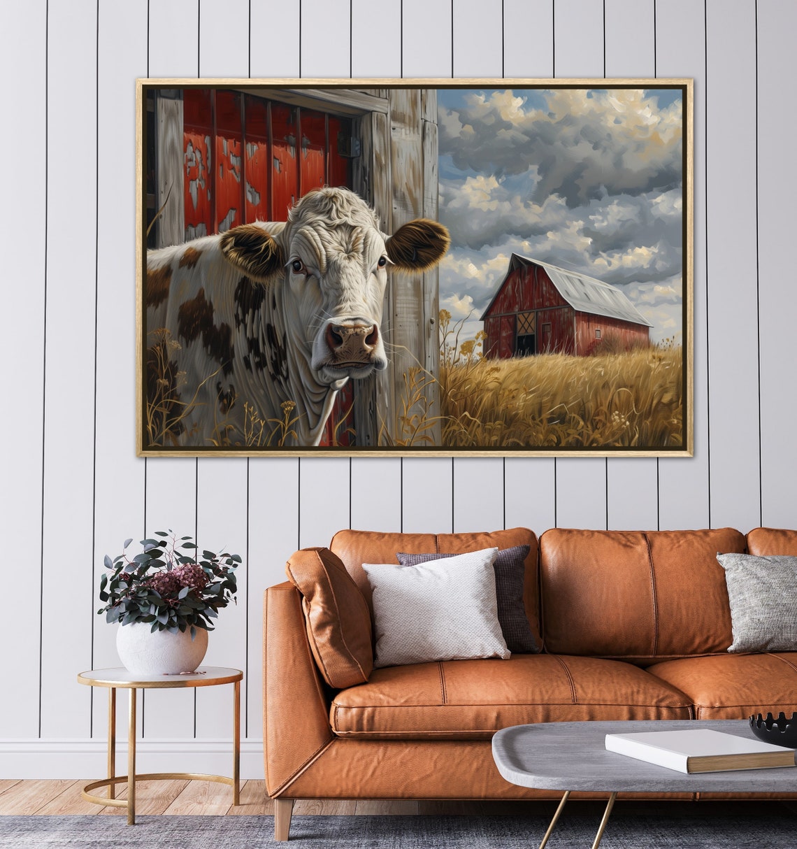 Curious Cow Red Barn Wheat Field Rustic Farmhouse Portrait Wall Art - Image 5