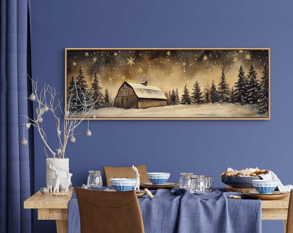 Rustic Snowy Barn Winter Night Golden Snowflakes Farmhouse Wall Art - Image 5