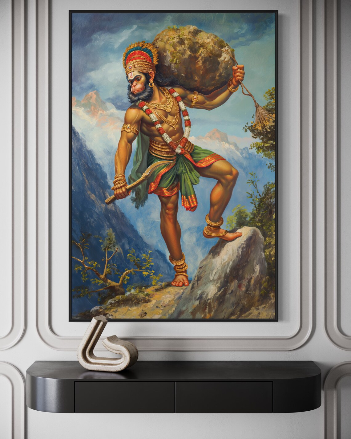 Lord Hanuman Carrying Mountain Divine Strength Spiritual Art Poster - Image 4