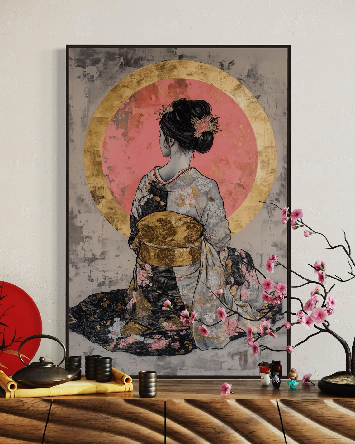 Japanese Geisha Moon Floral Living Room Art Print - Image 4