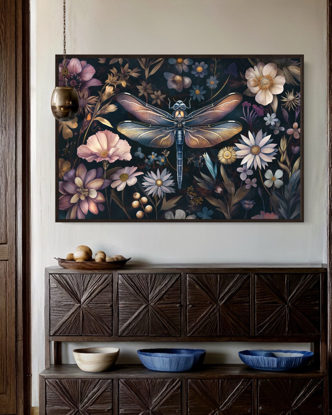 Whimsical Dragonfly On Dark Floral Botanical Moody Art Poster - Image 3