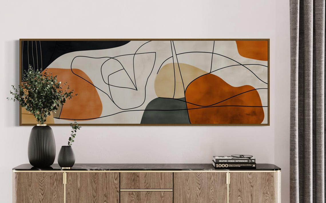 Minimalist Abstract Terracotta Line Art Organic Shapes Panoramic Print - Image 2