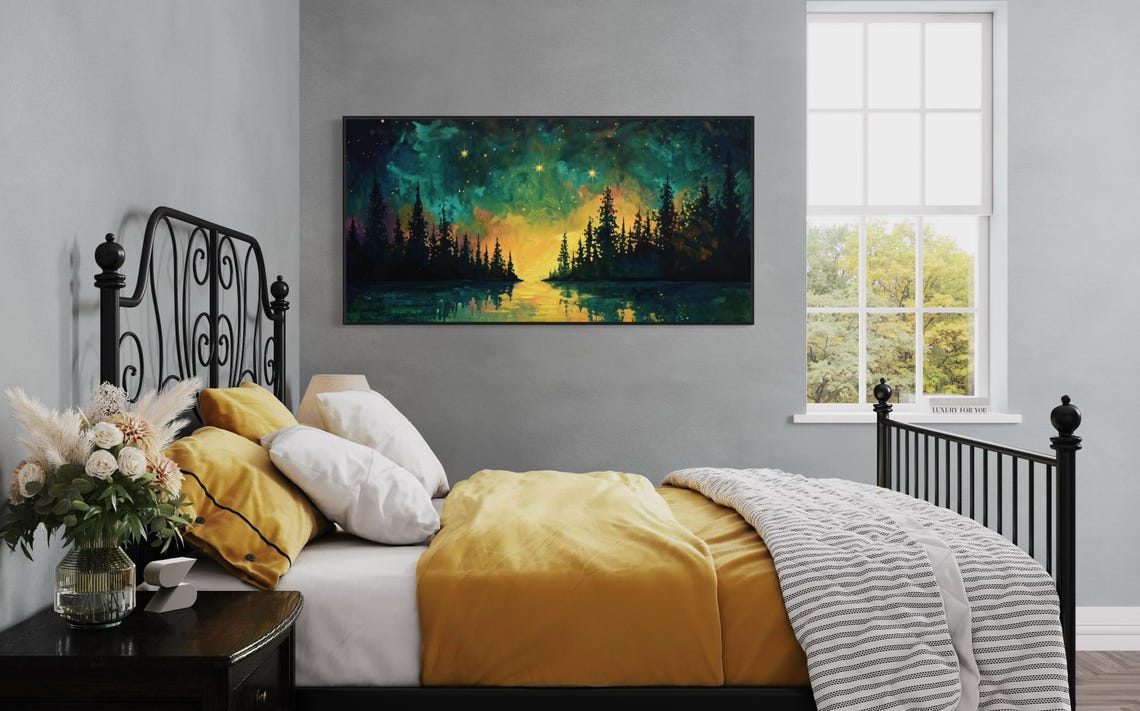 Starry Night Pine Forest Lake Aurora Colorful Night Sky Travel Poster - Image 2